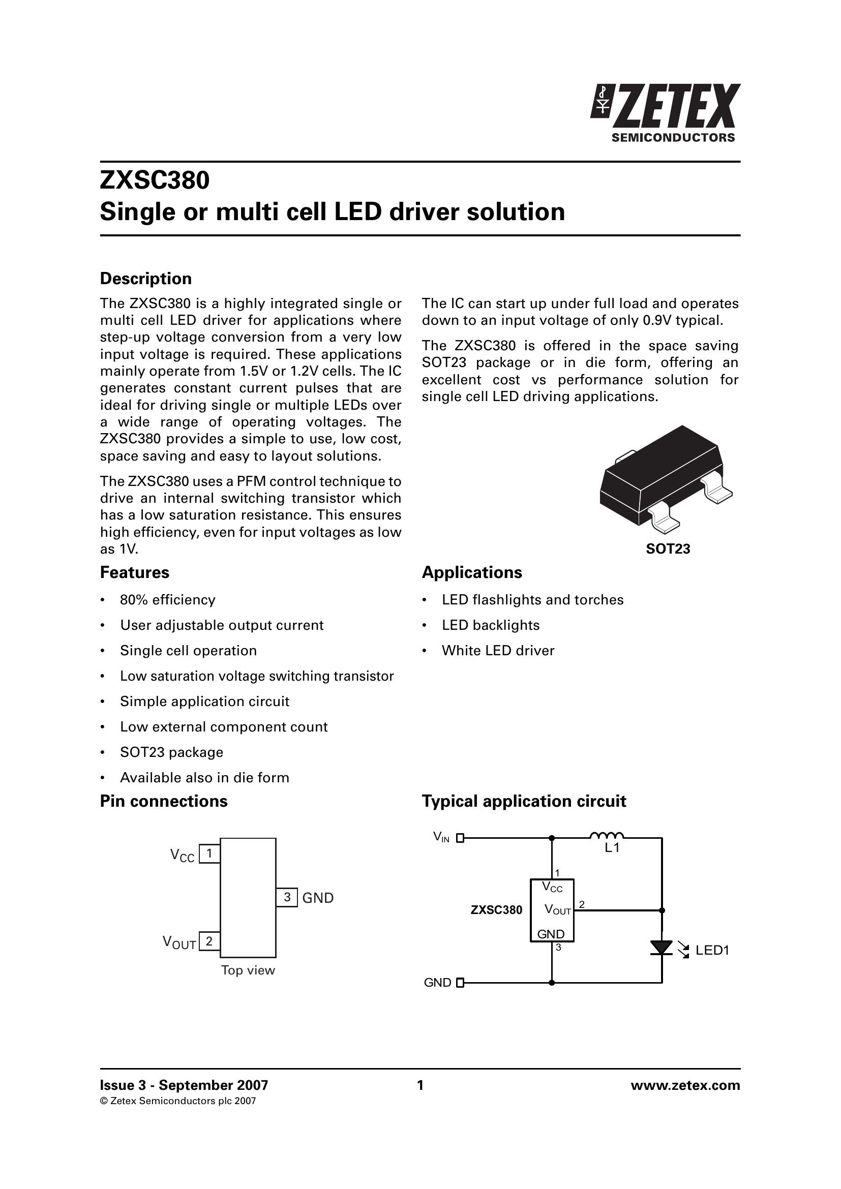 ZXSC380 LED Driver, LED Display Driver Datasheet PDF - ADatasheet